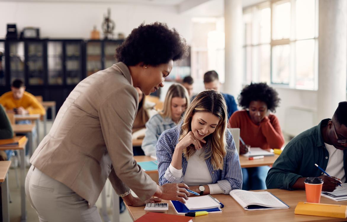 docent op hogeschool geeft studenten uitleg